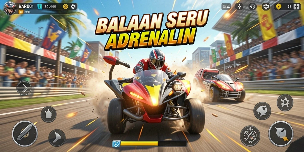 Screenshot utama BARU01 menunjukkan aksi balapan yang penuh kecepatan.