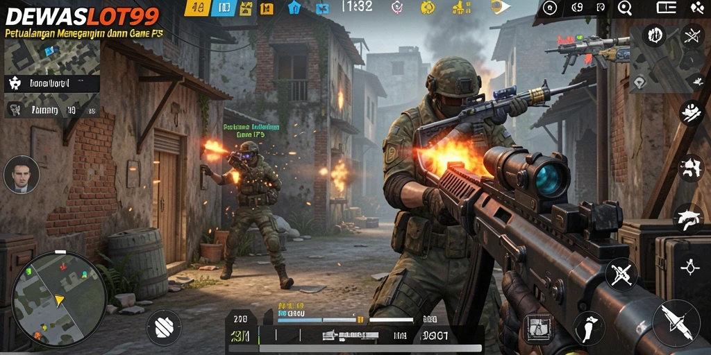 Screenshot DEWASLOT99 menampilkan aksi seru dalam pertempuran FPS.