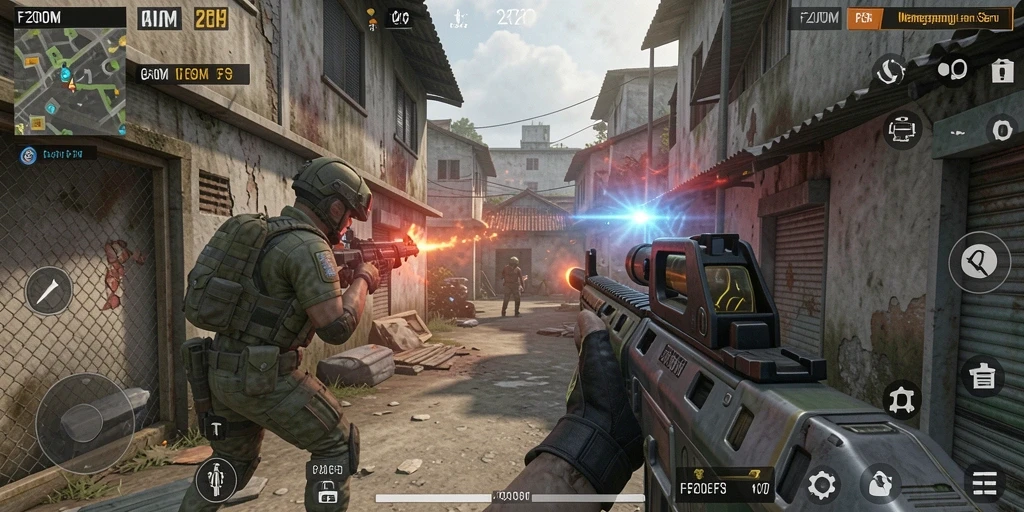 Tangkapan layar F200M menampilkan aksi gameplay FPS yang seru.