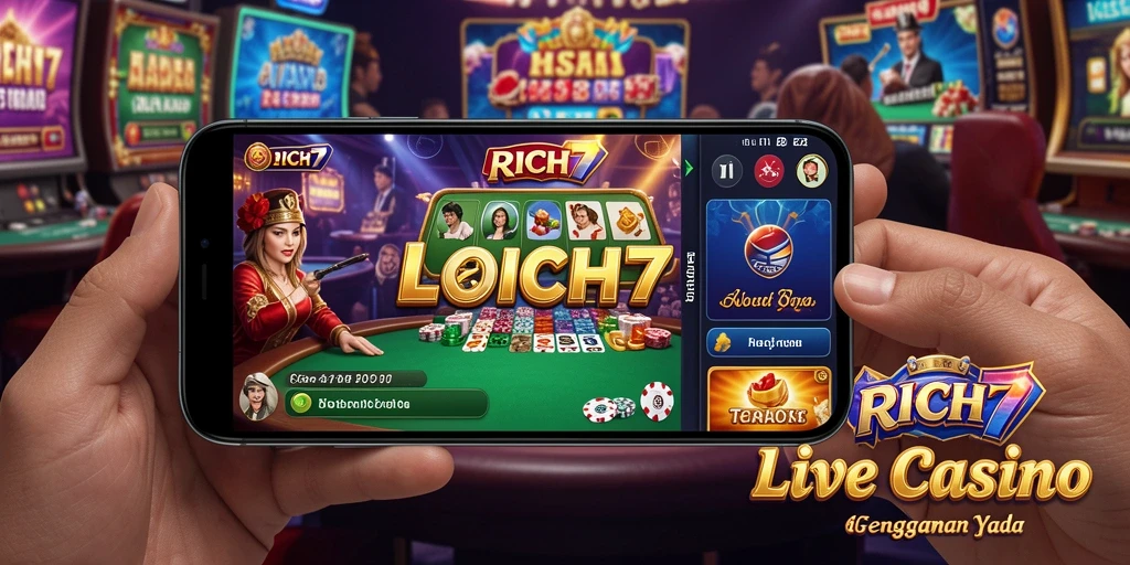 Tampilan screenshot RICH7 yang menunjukkan dealer live dalam aksi permainan casino.